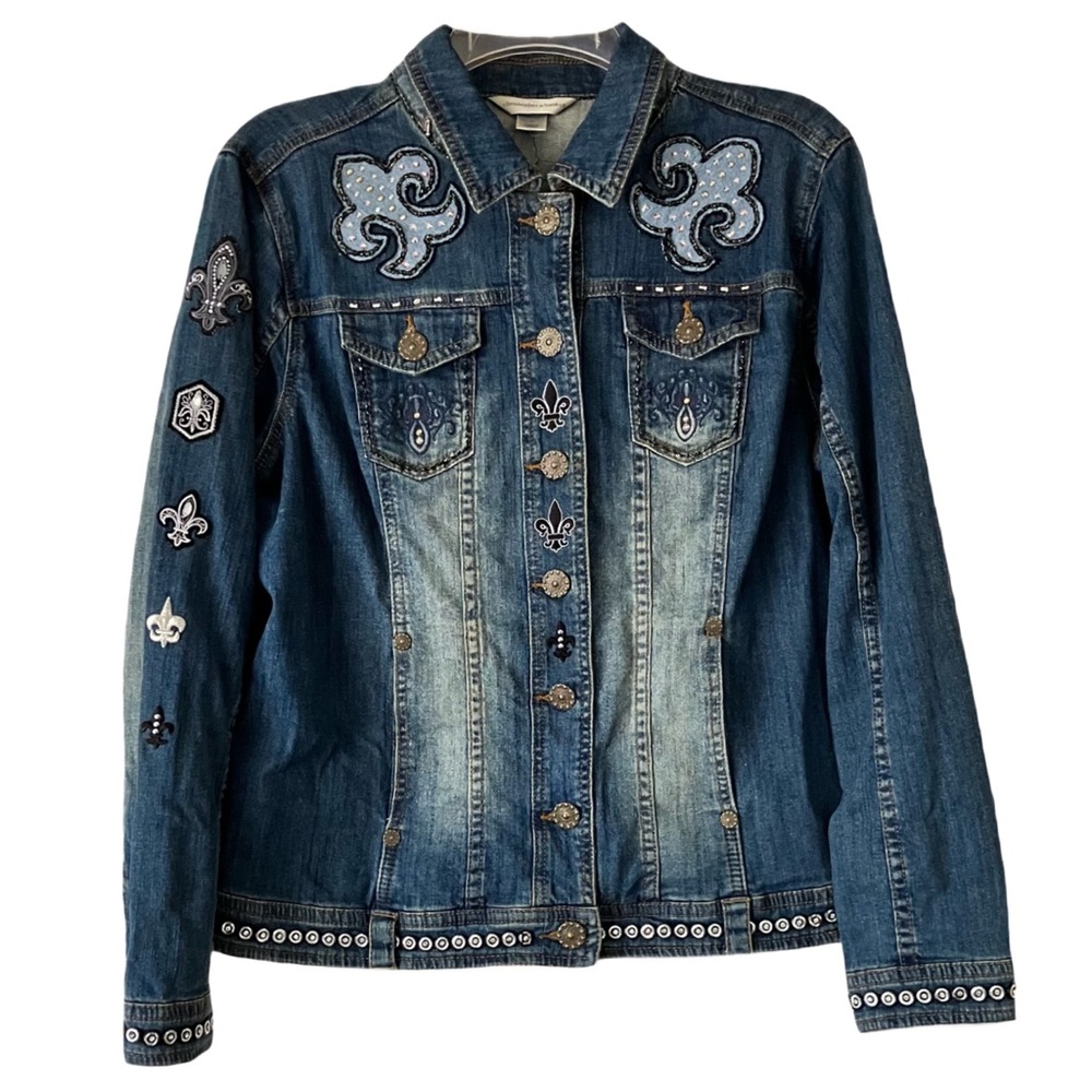 Fleur-De-Lis Christopher & Banks Jean Jacket, Sz. L, Bling, Embroidered